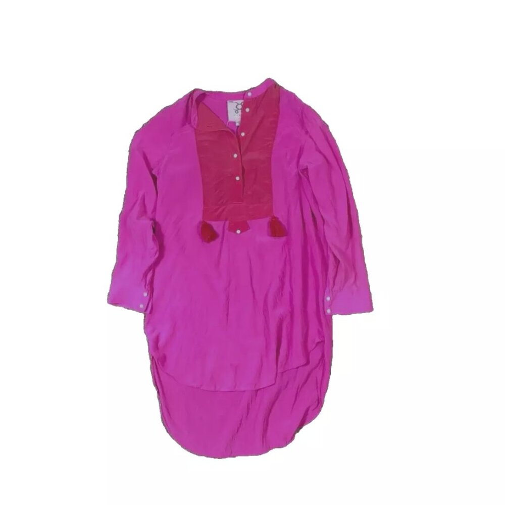 Figue Washed Silk Tunic in Red & Pink Size XS Long Popover Shirt Top Pom-Poms